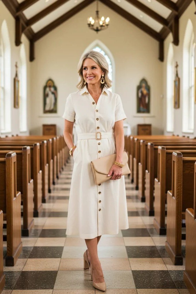 Cream shirt dress in a church for older women