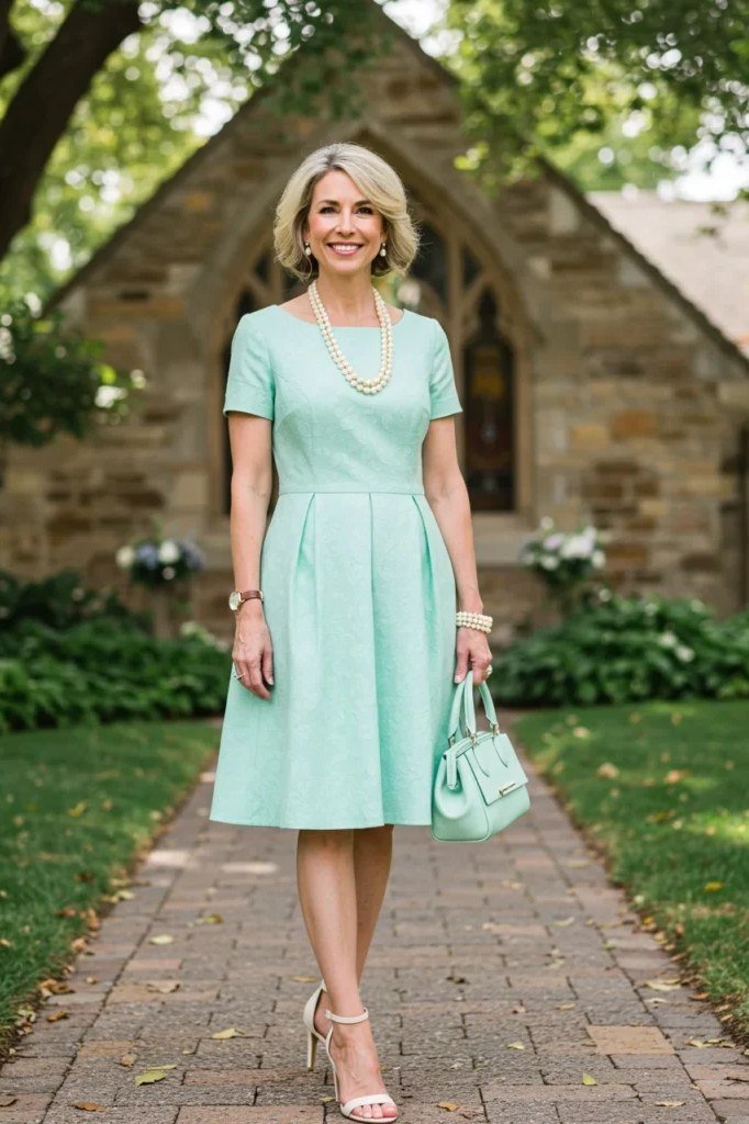 Mint fit-and-flare dress with pearl necklace and mint handbag at a church for older women