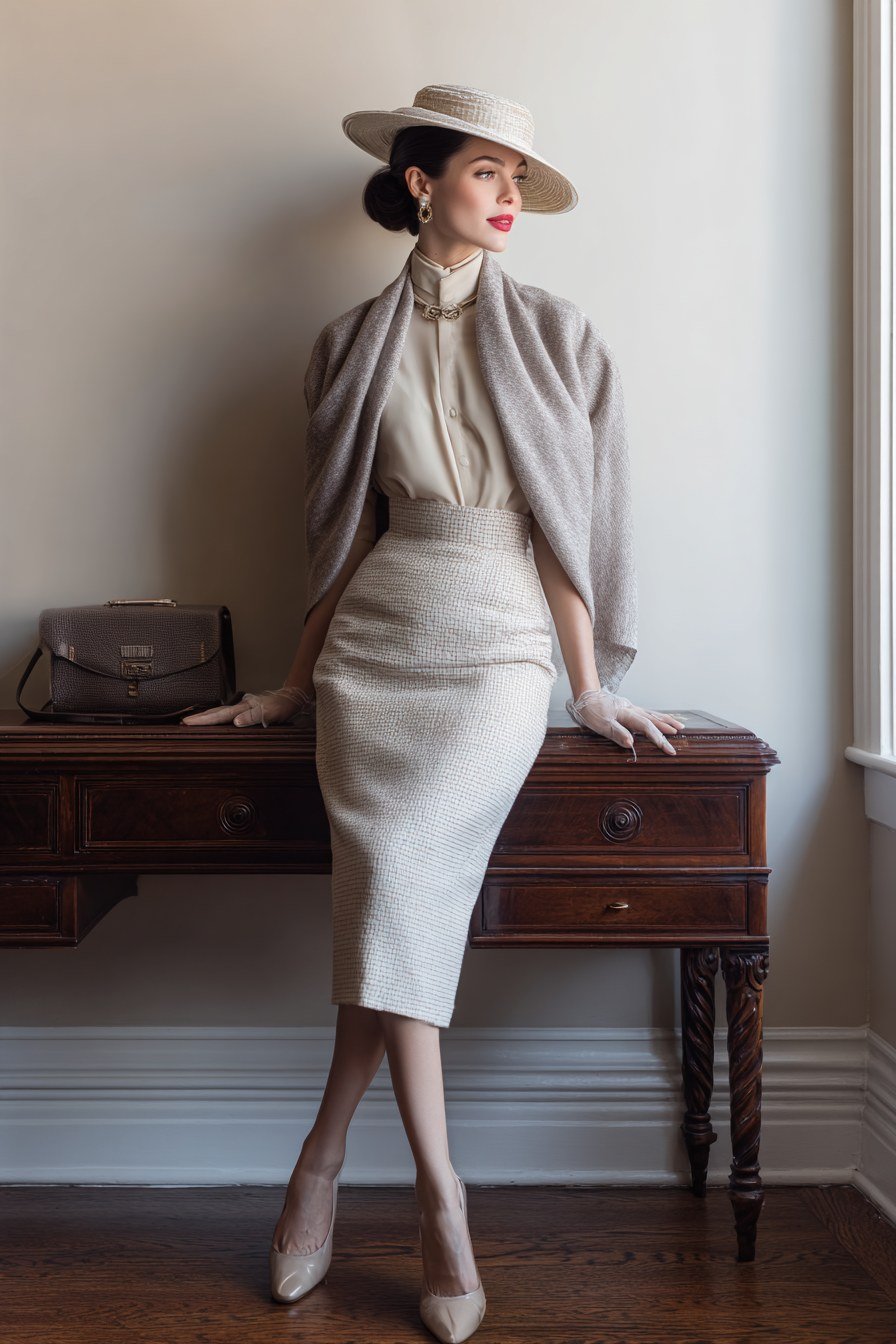 Beige sheath dress with gray shawl and hat for older women
