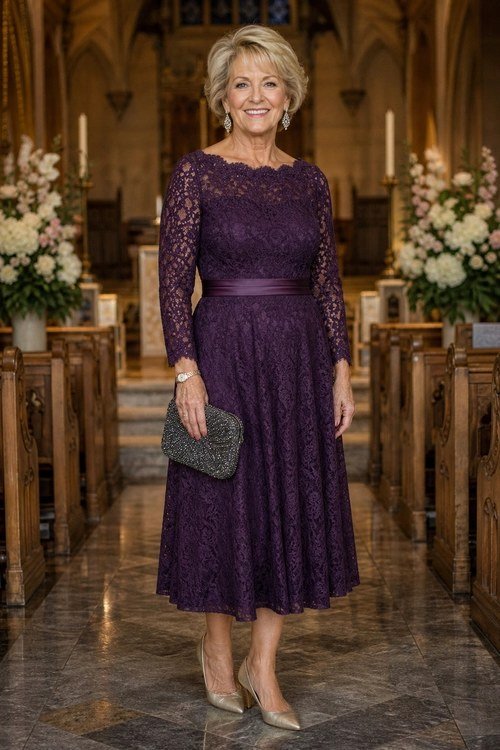Purple lace midi dress in a church for older women