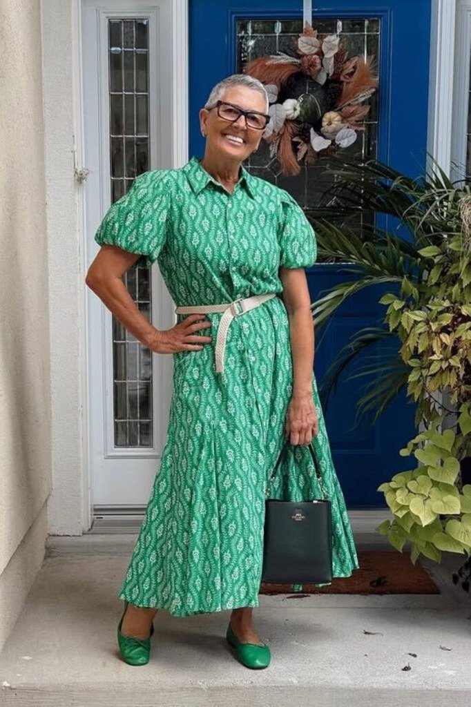 Green patterned midi dress with belt for older women