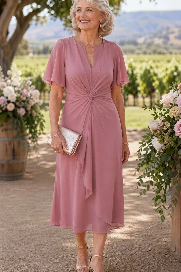 Dusty rose wrap midi dress with silver clutch at a vineyard for older women