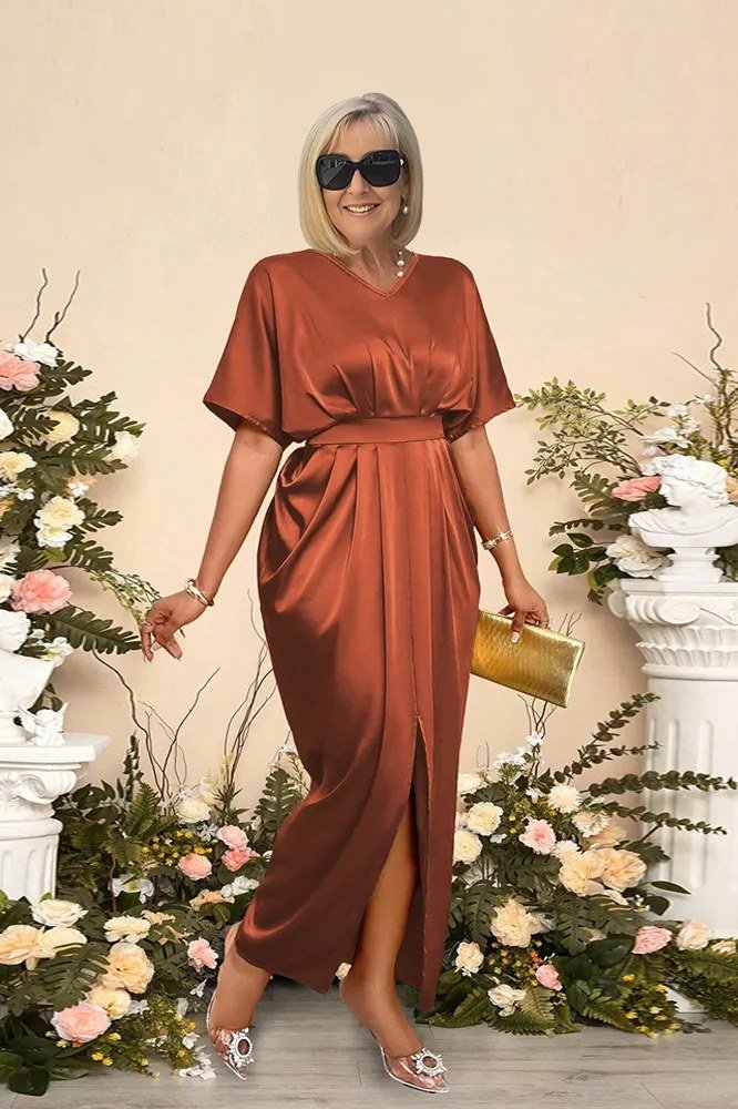 Rust satin wrap midi dress for older women