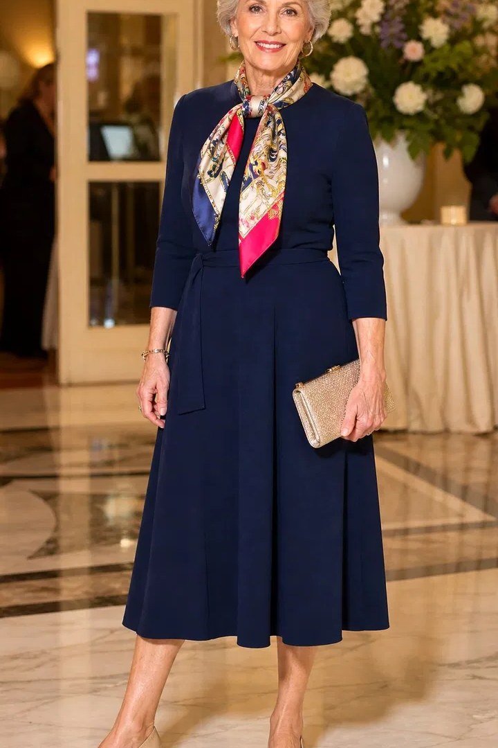 Navy fit-and-flare dress with colorful scarf for older women