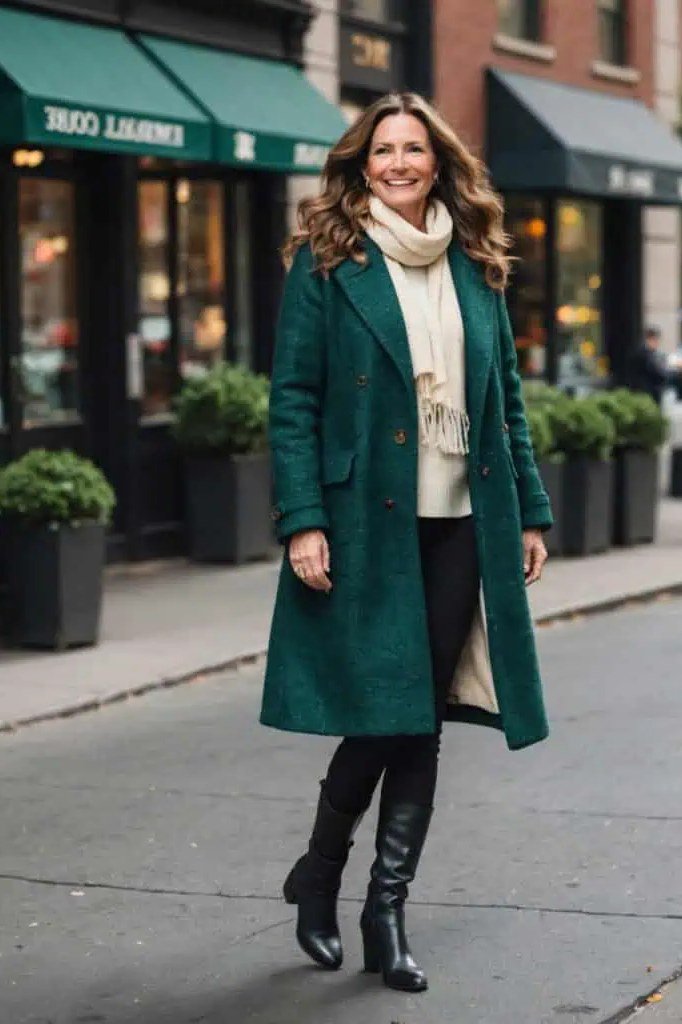 Emerald green coat with cream turtleneck and black trousers with boots for older women