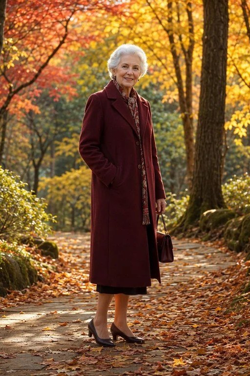 Burgundy wool coat in a fall forest for older women