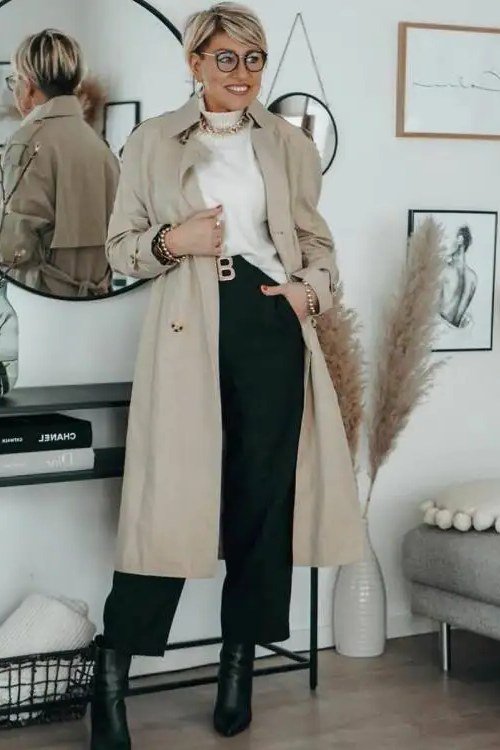 Beige trench with white top and black trousers for older women