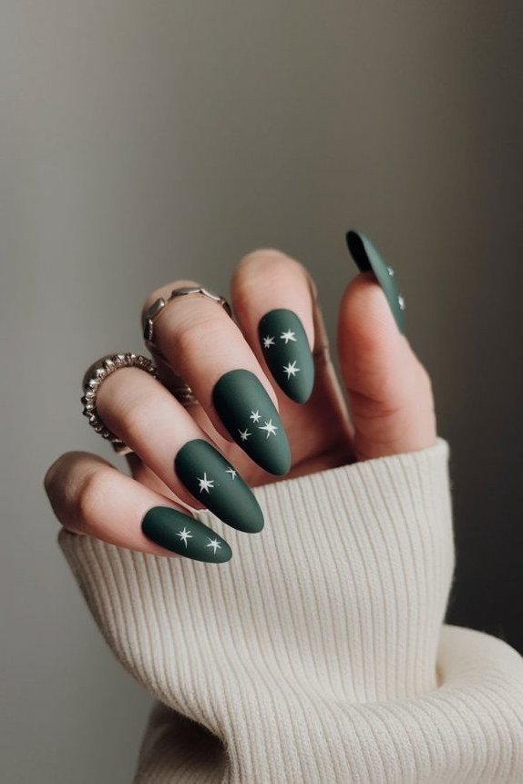 Starry Emerald Almond Nails - emerald green nail design for women over 50
