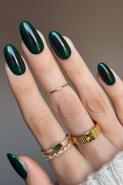 Emerald Almond Nails with Gold Rings - emerald green nail design for women over 50