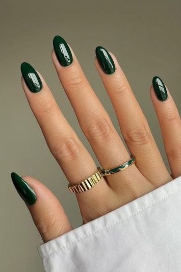 Short Deep Green Almond Nails - emerald green nail design for women over 50