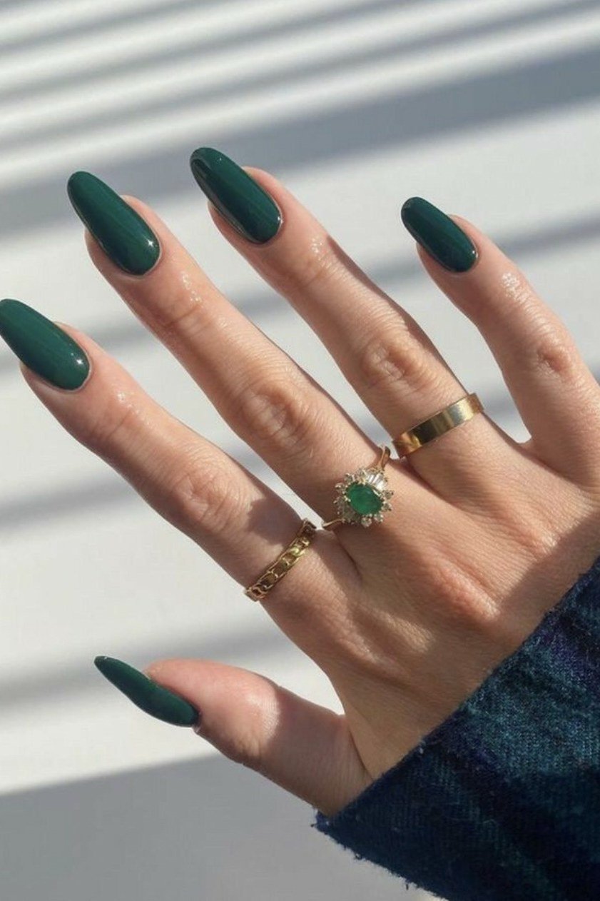 Long Emerald Almond Nails - emerald green nail design for women over 50