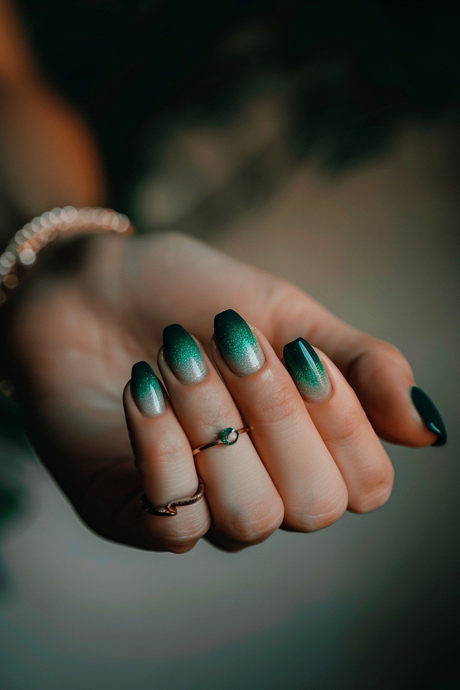 Deep Green Almond Nails, Side View - emerald green nail design for women over 50