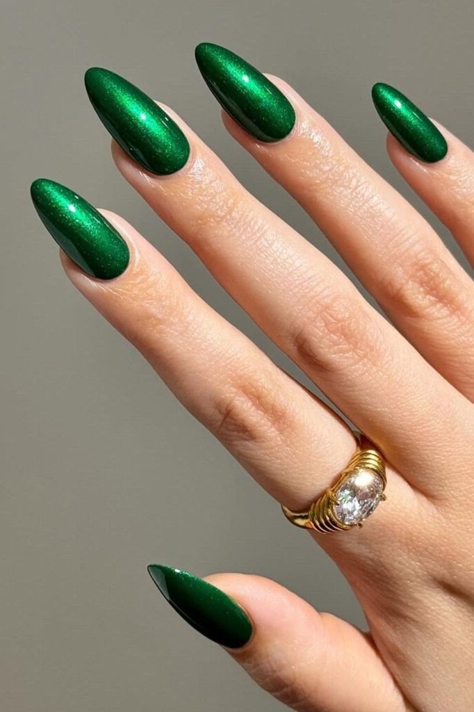 Long Emerald Almond Nails with Gold Jewelry - emerald green nail design for women over 50