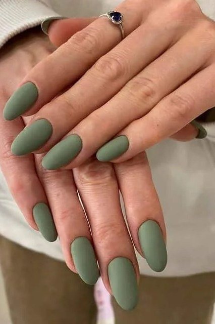 Matte Sage Almond Nails - emerald green nail design for women over 50