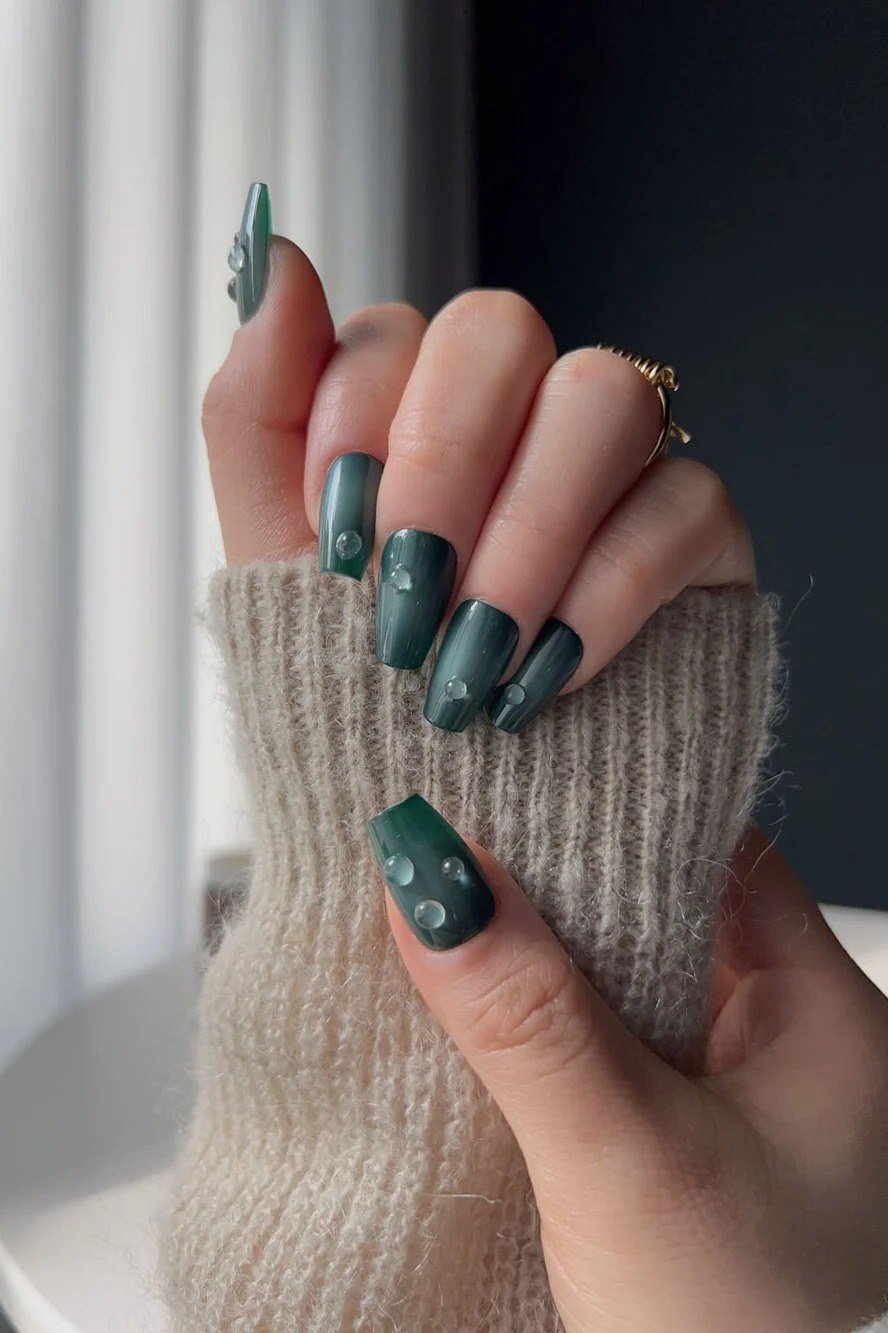 Matte Teal Squoval Nails with Dots - emerald green nail design for women over 50