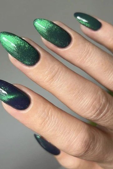 Emerald Cat-Eye Almond Nails - emerald green nail design for women over 50