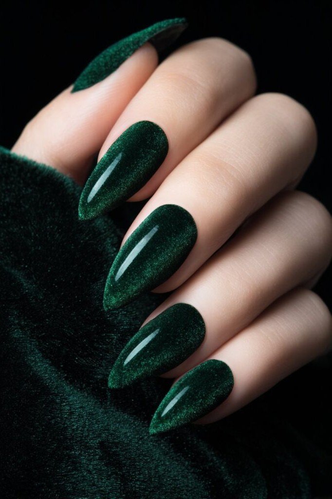 Emerald Cat-Eye with Black Velvet - emerald green nail design for women over 50