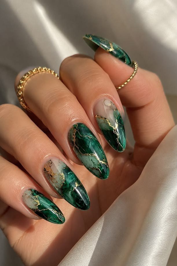 Emerald Marble Almond Nails with Gold - emerald green nail design for women over 50