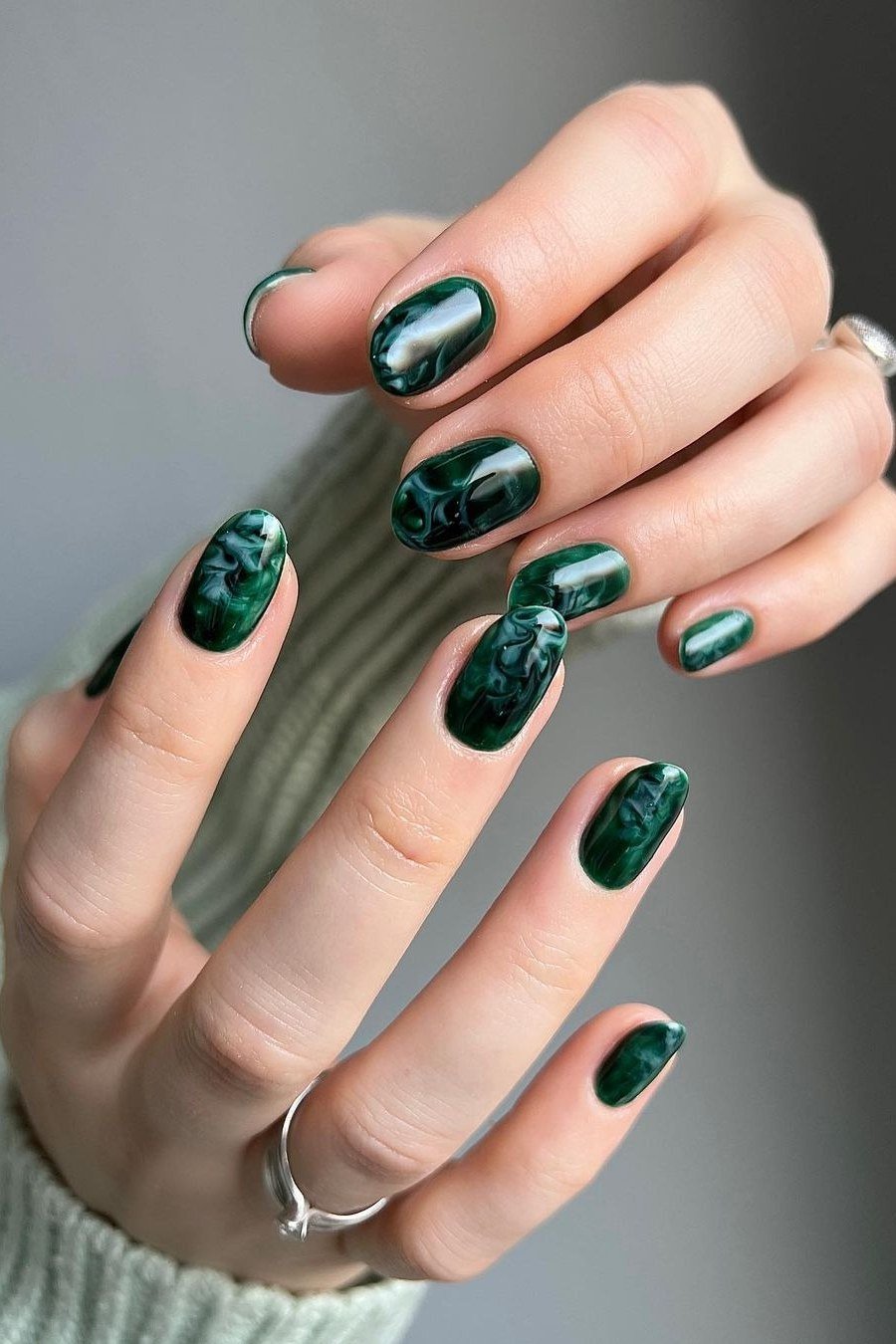 Green Marble Short Round Nails - emerald green nail design for women over 50