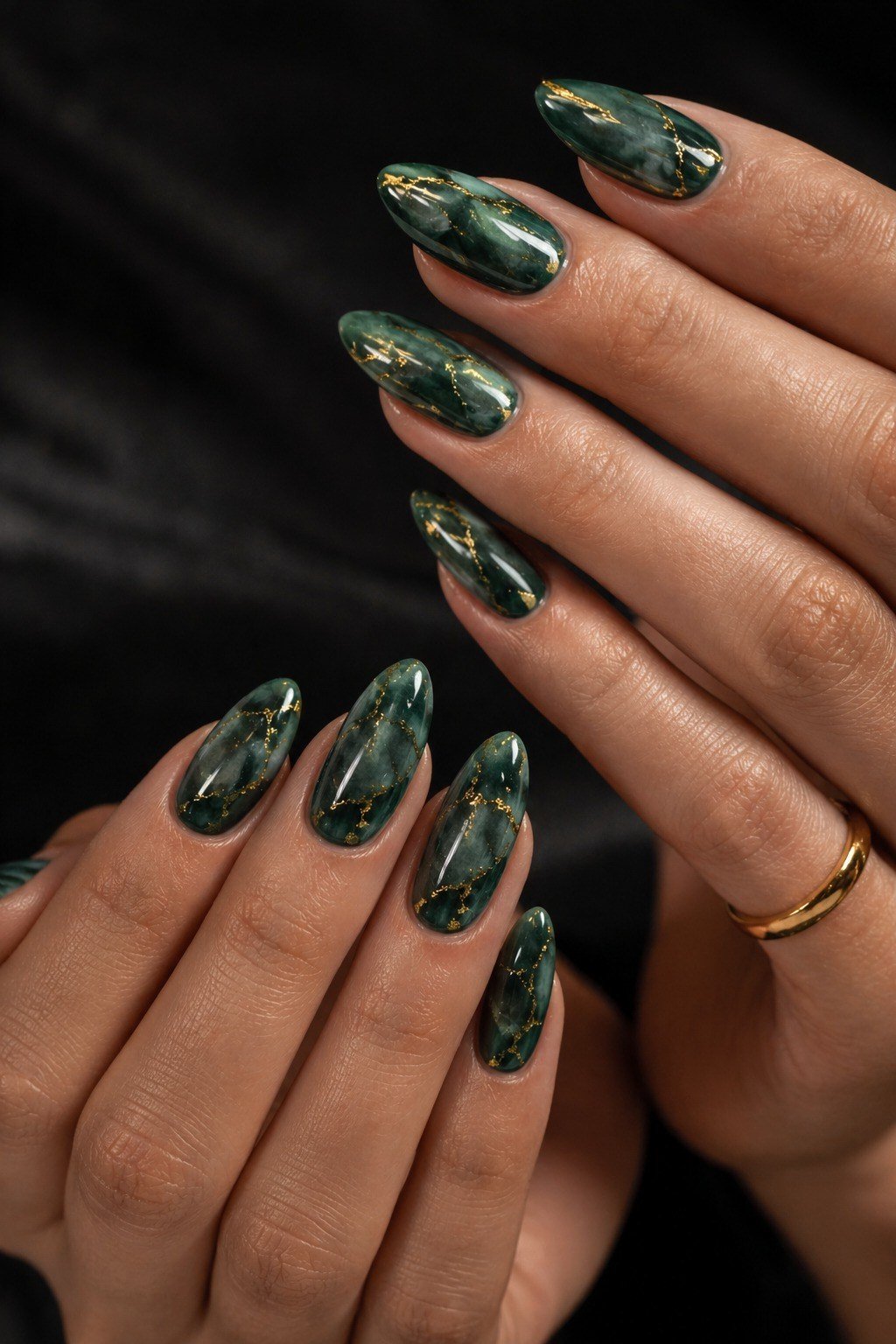 Green Marble Short Almond Nails - emerald green nail design for women over 50