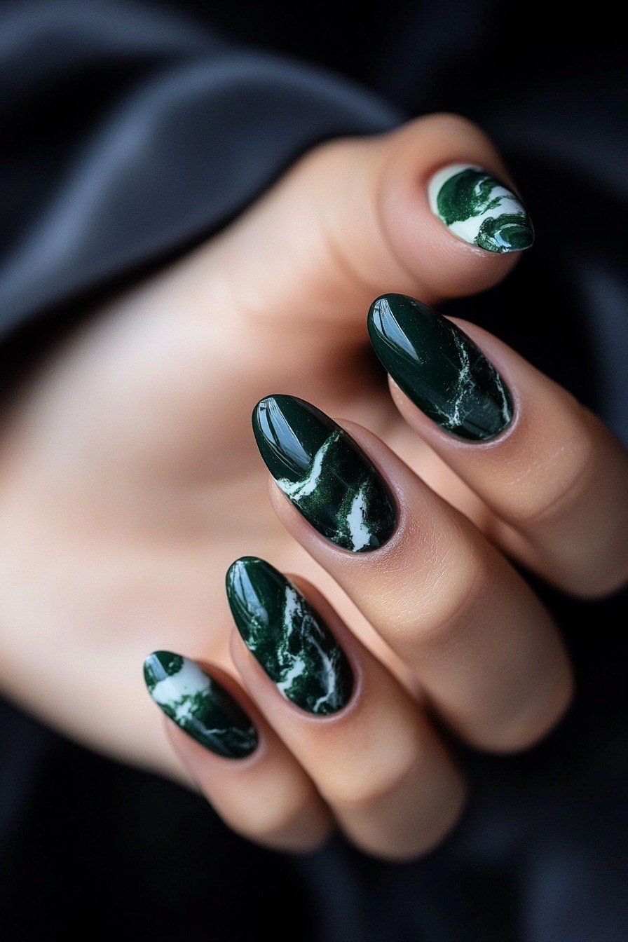 Dark Green Marble Almond Nails - emerald green nail design for women over 50