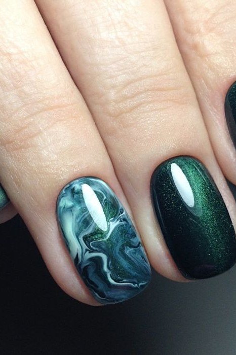 Cat-Eye and Marble Mix - emerald green nail design for women over 50