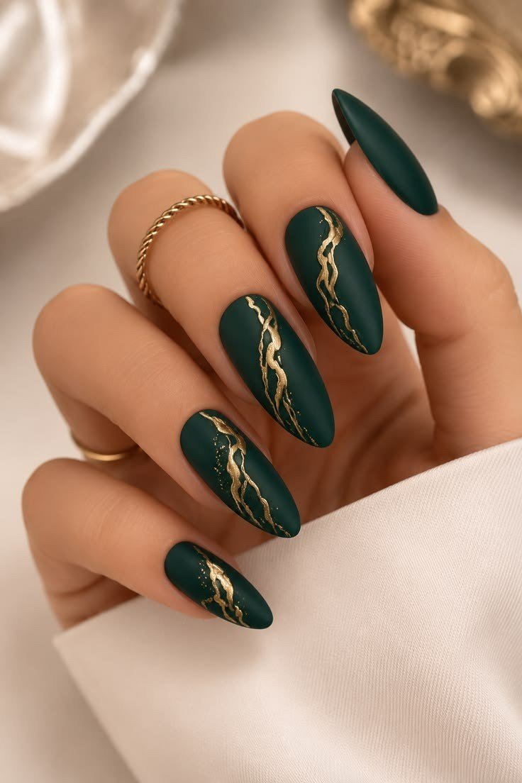 Matte Emerald with Gold Crackle - emerald green nail design for women over 50