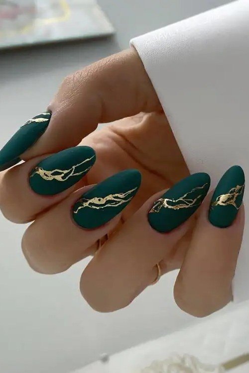 Matte Emerald with Thin Gold Lines - emerald green nail design for women over 50