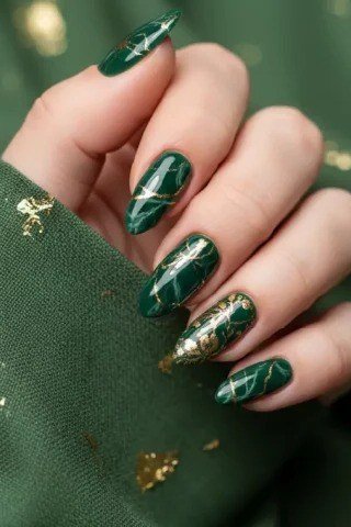 Emerald Marble Nails with Gold - emerald green nail design for women over 50