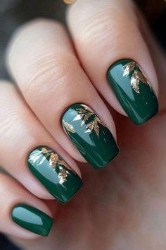 Emerald Squoval Nails with Gold Leaf - emerald green nail design for women over 50