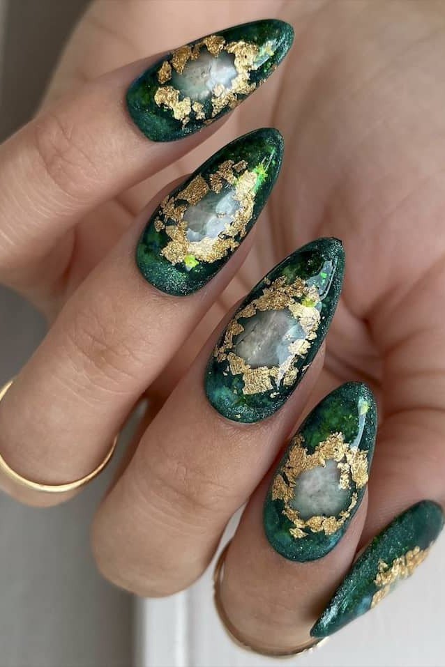 Emerald Nails with Gold Floral Art - emerald green nail design for women over 50