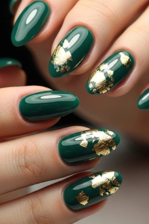 Gold Foil on Emerald, Close-Up - emerald green nail design for women over 50