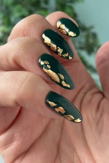 Emerald Nails with Gold Foil Tips - emerald green nail design for women over 50