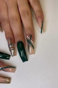 Emerald French Tips with Mixed Art - emerald green nail design for women over 50