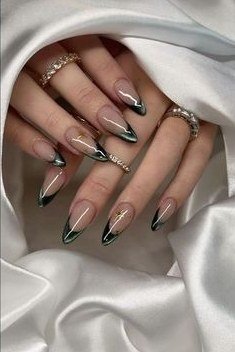 Emerald Tips on Clear Nude Nails - emerald green nail design for women over 50