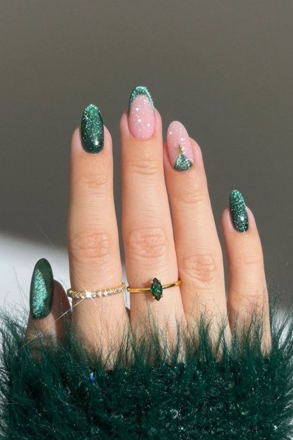 Green Glitter French on Nude - emerald green nail design for women over 50