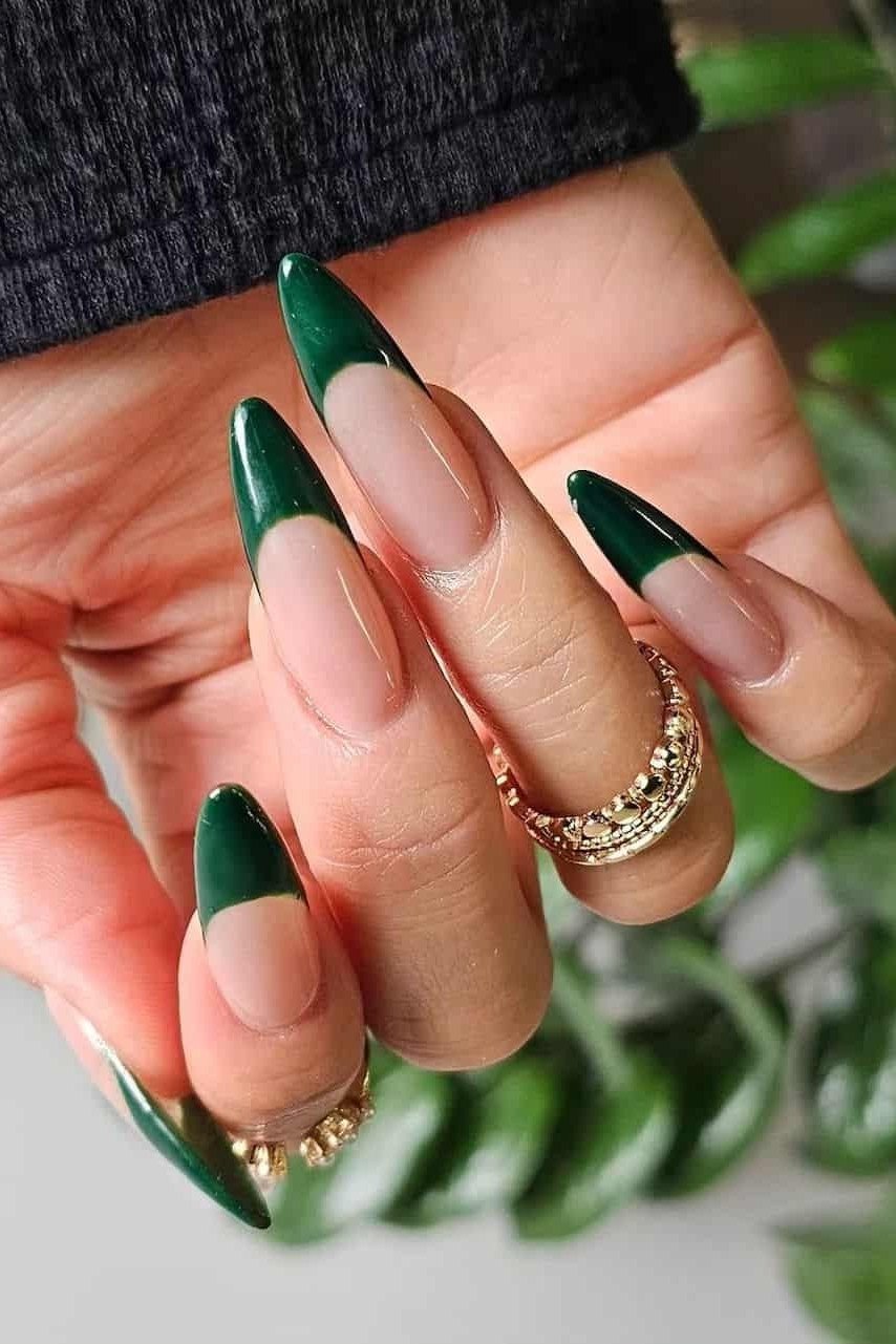 Green French Tips on Stilettos - emerald green nail design for women over 50