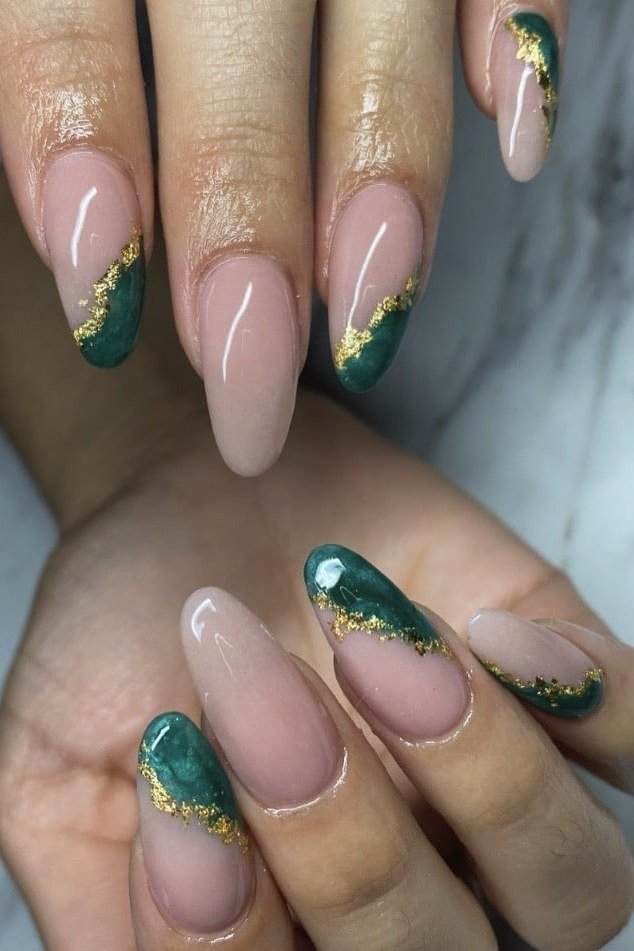 Green and Gold Glitter French - emerald green nail design for women over 50