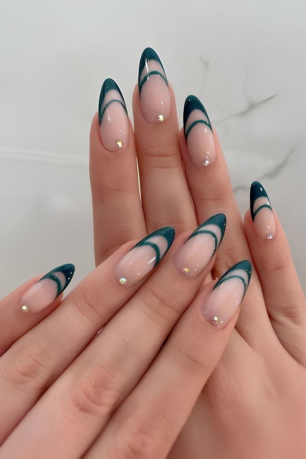 Double-Line Green French - emerald green nail design for women over 50