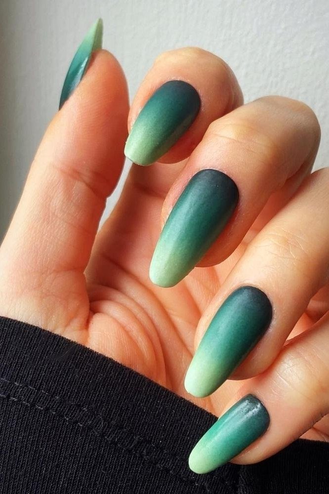 Matte Green Ombre Almond Nails - emerald green nail design for women over 50