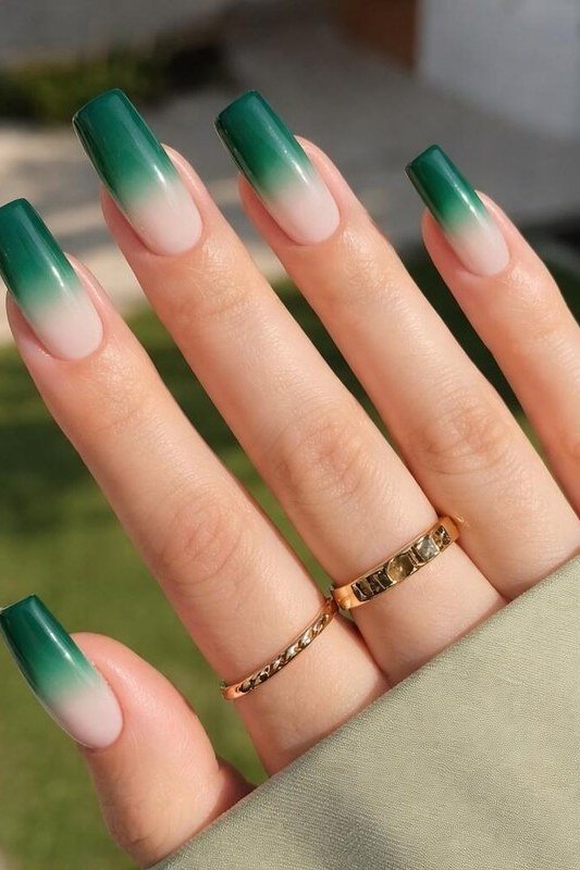 Green Nude Ombre Square Nails - emerald green nail design for women over 50