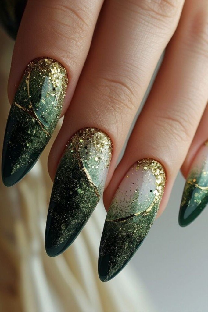 Emerald Glitter Fade Stilettos with Gold - emerald green nail design for women over 50