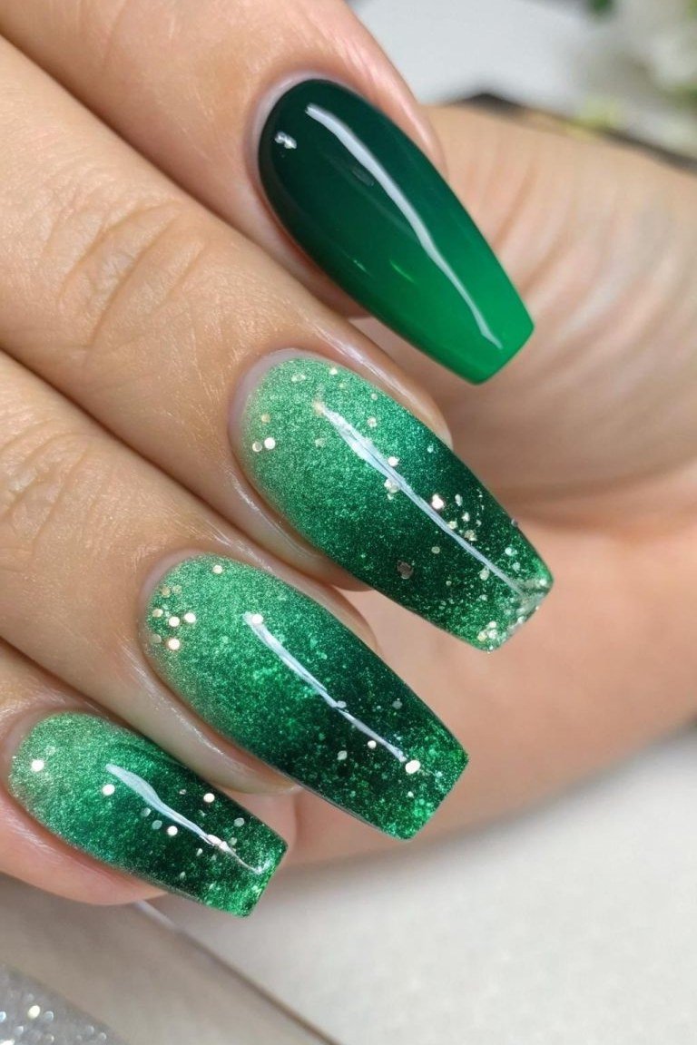 Emerald Glitter Coffin Nails - emerald green nail design for women over 50