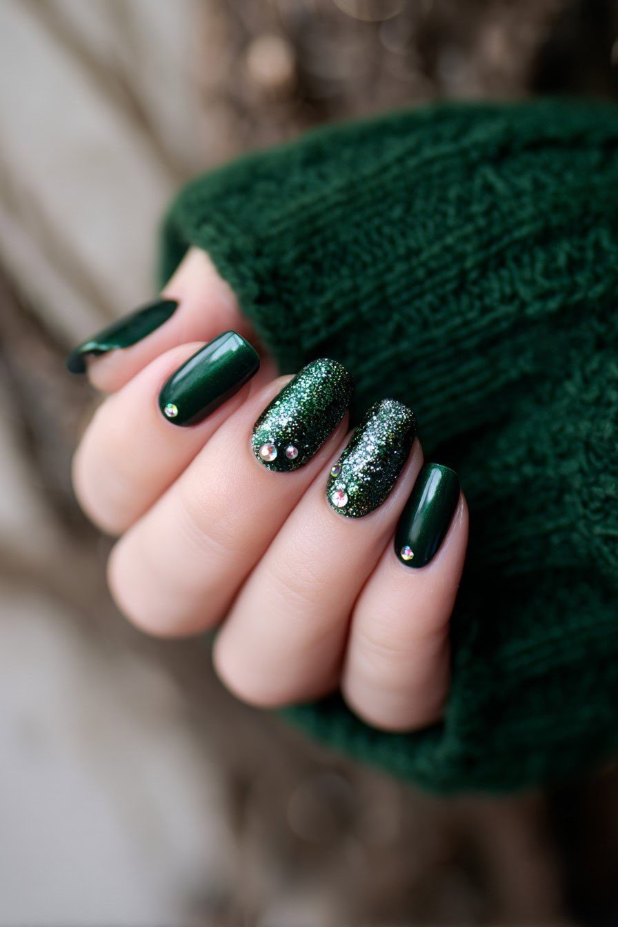Glitter Green Squoval Nails - emerald green nail design for women over 50