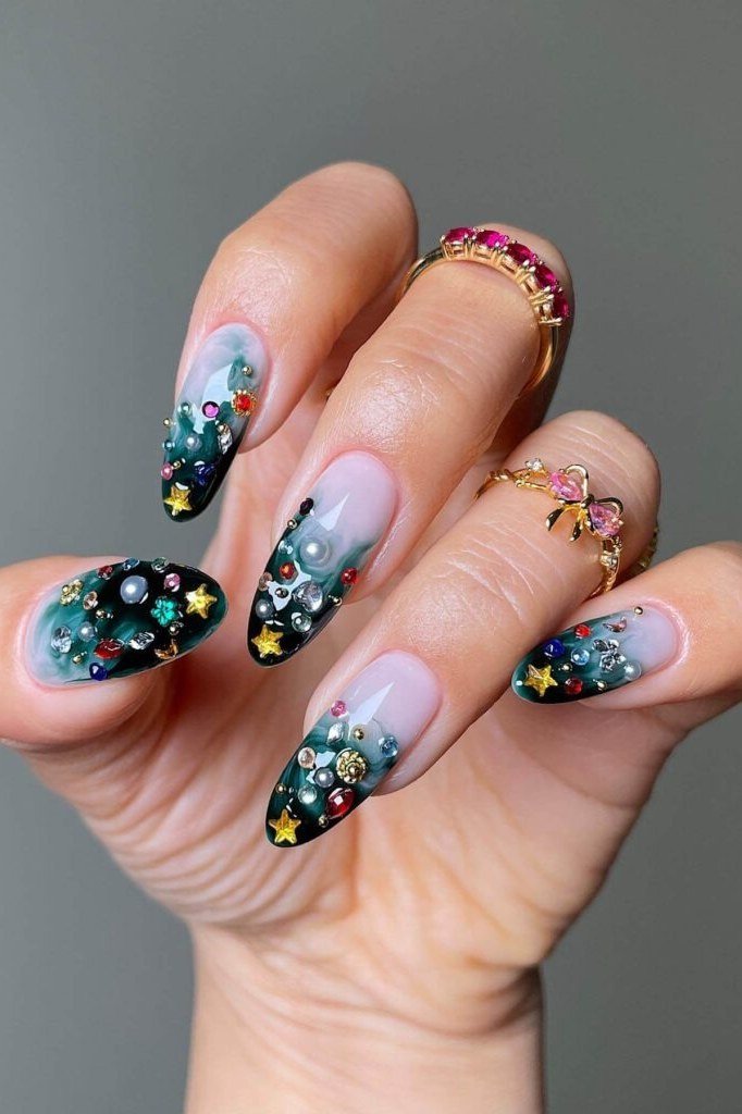 Emerald Glitter Tips with Stars - emerald green nail design for women over 50