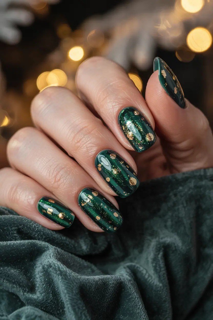 Green and Gold Glitter Holiday Nails - emerald green nail design for women over 50