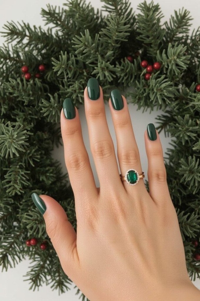 Deep Green Almonds on a Wreath - emerald green nail design for women over 50