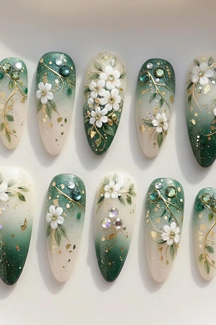 Green Floral Press-On Nails - emerald green nail design for women over 50