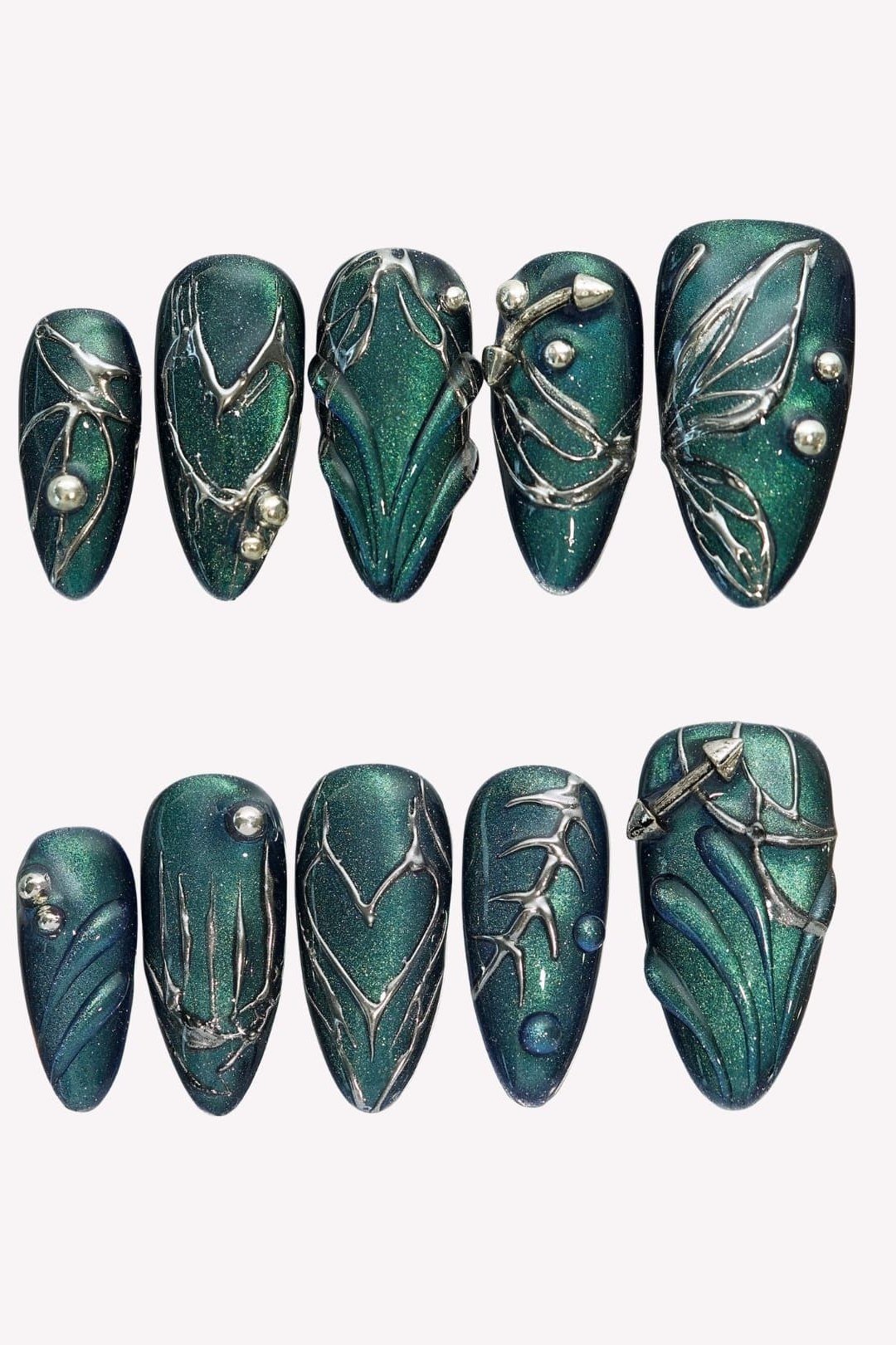 Green and Gold Art Press-On Nails - emerald green nail design for women over 50