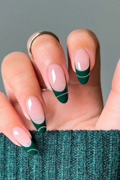 Double-Line Emerald French - emerald green nail design for women over 50